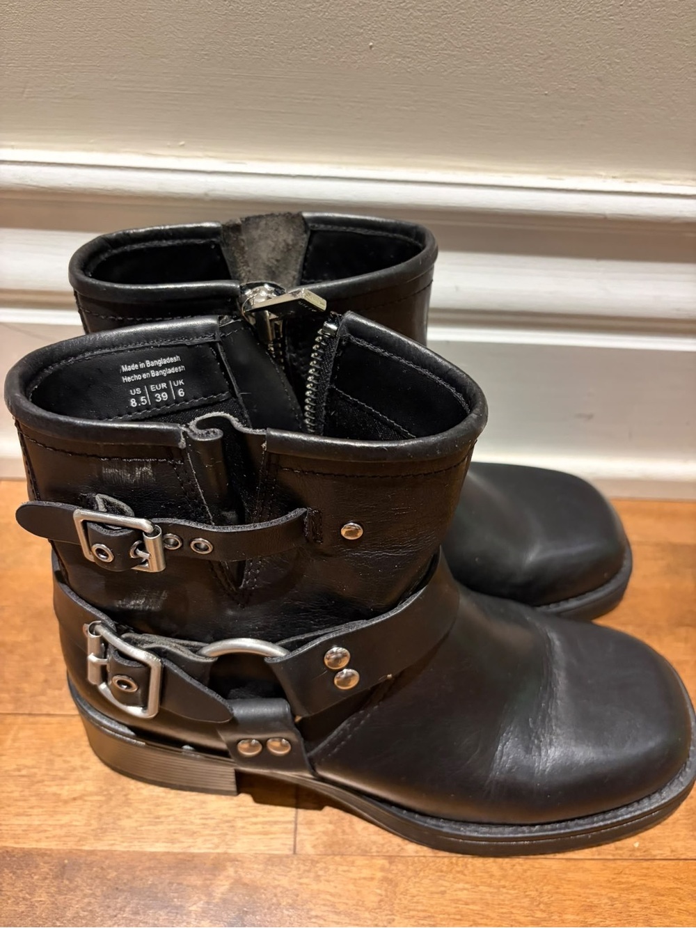Aldo Black Leather Buckle Moto Ankle Boots